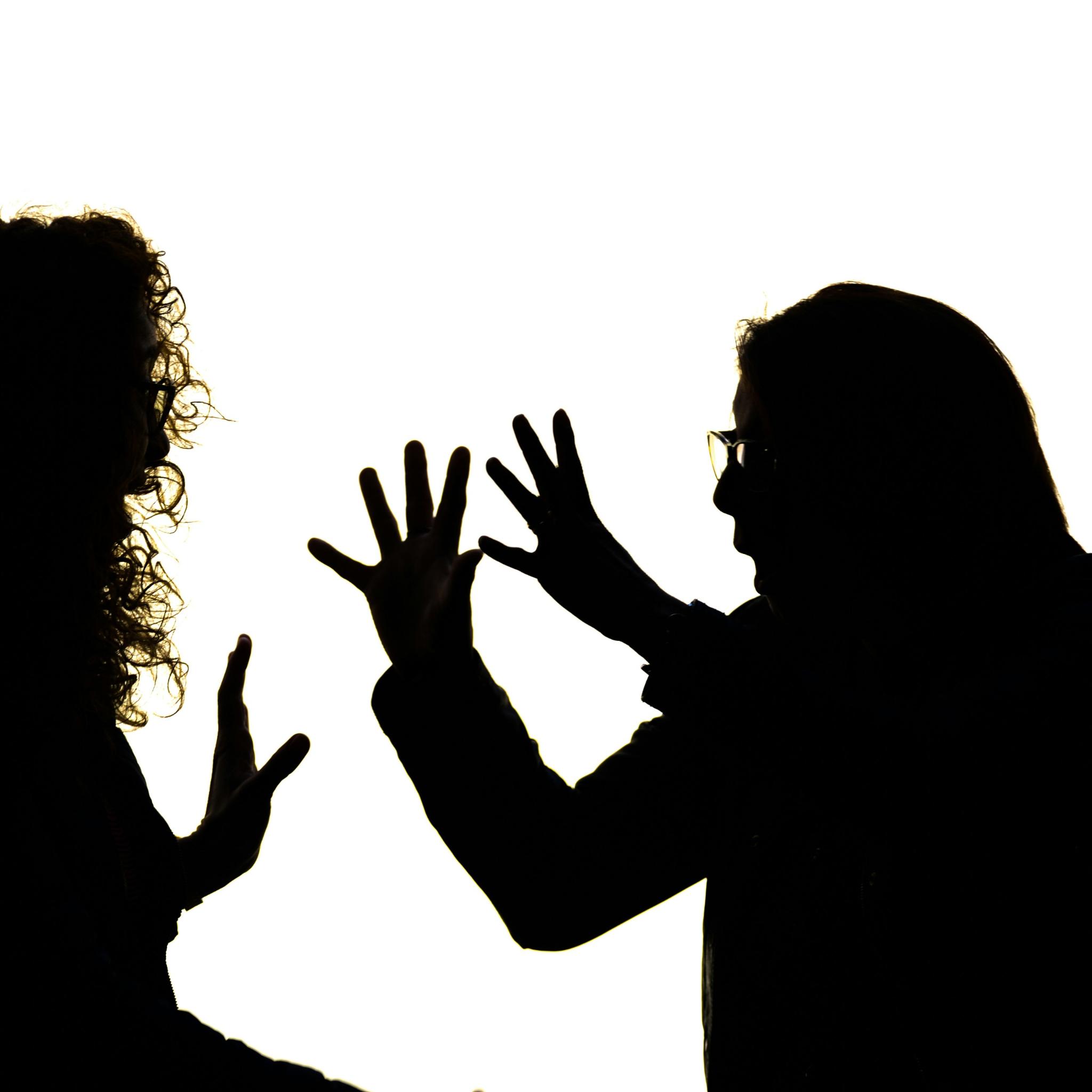 Silhouettenhafte Figuren liefern sich einen hitzigen Streit.